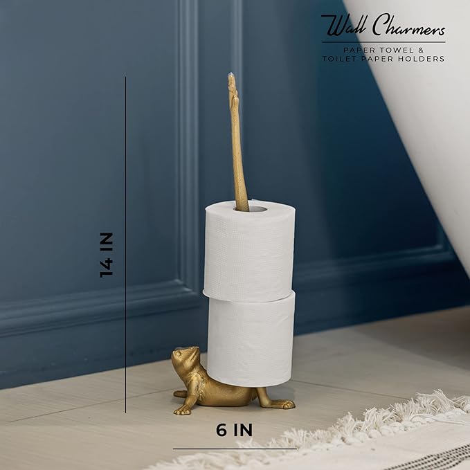 WallCharmers Gold Paper Towel Holder, Metal Toilet or Kitchen Paper Holder for Floor or Countertop, Gold Frog