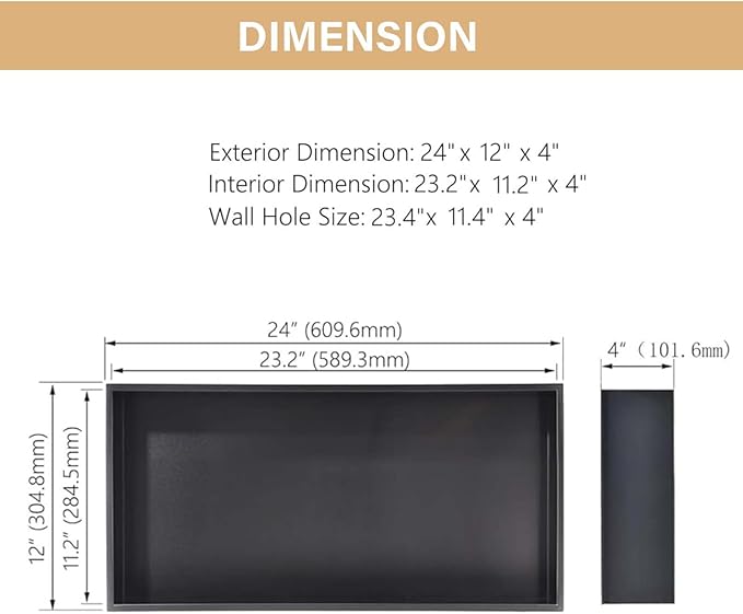 Matte Black Shower Niche 24" X 12" (Inner Size 23.2" X 11.2") 304 Stainless Steel Wall Niche Bathroom Shelf for Shower Wall No Tile Needed, Recessed Niche Shower Insert for Bathroom Storage