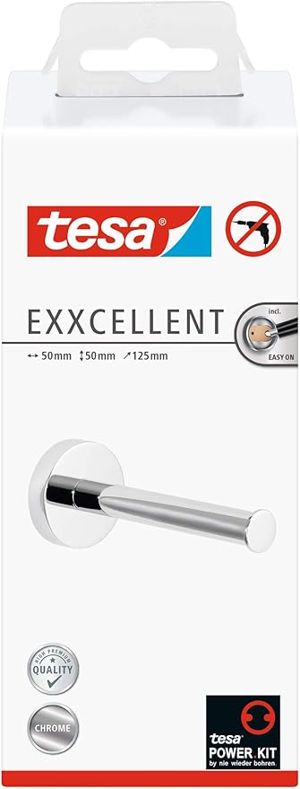 tesa EXXCELLENT Spare Toilet Roll Holder - Self-Adhesive, Stainless-Steel Spare Toilet Paper Holder - Waterproof, incl. Power.Kit Adhesive Solution - 50 mm x 50 mm x 125 mm