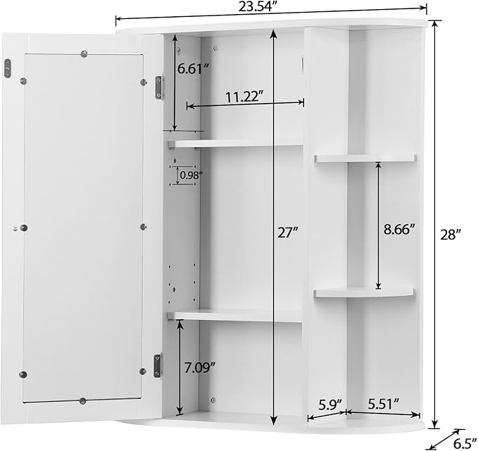 SUPER DEAL Bathroom Mirror Medicine Cabinet with Storage, Wall Mount Cabinet with Mirror Door, Inner Adjustable Shelves, 6 Open Shelves, White