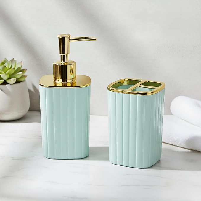 2Pack Bathroom Accessories Set, Sage Green Bathroom Set. Bathroom Toothbrush Holder Set, Includes Dispenser and Toothbrush Holder. Bohemian Bathroom Accessories