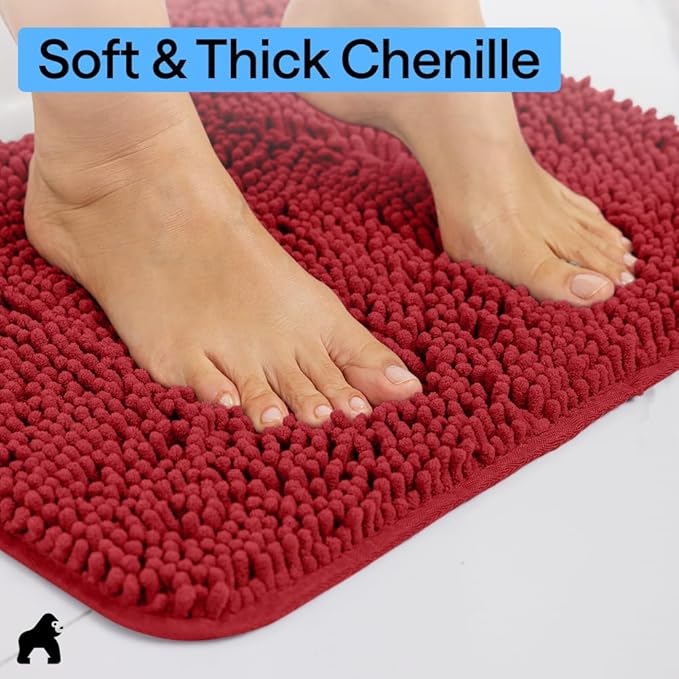 GORILLA GRIP Bath Rug Mat 60x24, Thick Soft Absorbent Chenille, Quick Dry Microfiber Mats, Rubber Backing Washable Shower Floor Rugs, Bathmat Runner, US Designed Bathroom Home Decor Accessories Red