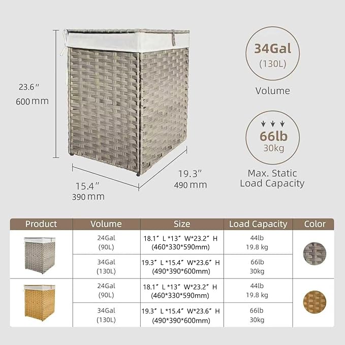Wicker Laundry Hamper with Lid,34 Gal(130 L) Rattan Laundry Basket 2 Sections with Lid, Removable Machine Washable Line, Large Clothes Hamper with Handles for Bathroom Bedroom, Gray