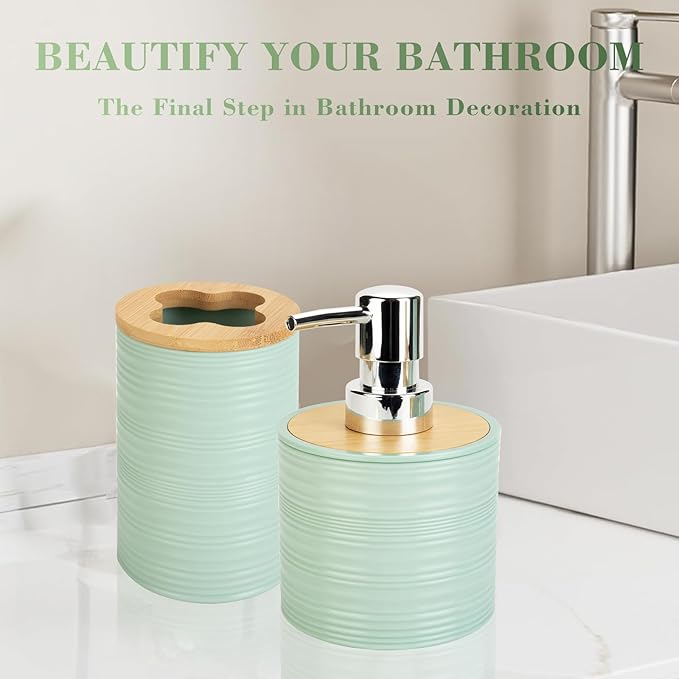2 PCS Sage Green Bathroom Accessories Set, Soap Dispenser and Toothbrush Holder Set, Plastics & Bamboo Bathroom Set, Bohemian Style Bathroom Sink Set