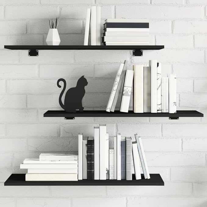 Wall Mounted Shelf Set of 4 Black Engineered Wood 31.5 x 11.8 x 0.6 Inch Modern Bookshelf for Living Room Kitchen Storage and Display