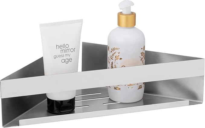 WENKO Turbo-Loc Genova Matt Corner Shelf Bathroom Shelf Made of Matte, Stainless Steel for Attaching No Drilling with Adhesive Pad System, Decorative Storage of Care Products, 36 x 8 x 17