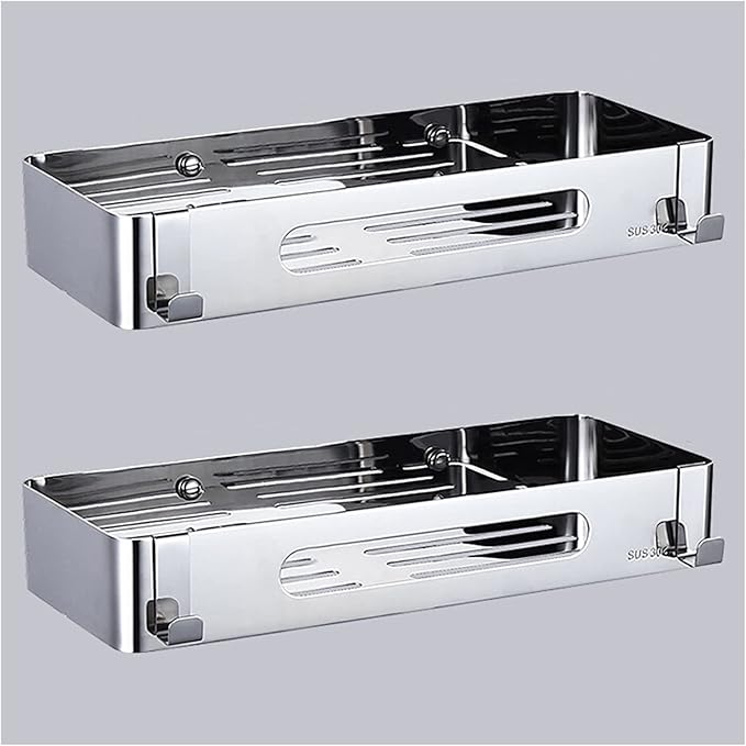 Bathroom Shelf Wall Storage Shelves Organizer Set of 2 Bathroom Accessories Bathroom Organizer Hanging with 4 Hooks Polished 304 Stainless Steel Floating Shelves (Size : Double-Layer Rectangular fram