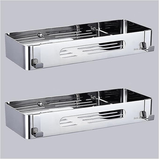 Bathroom Shelf Wall Storage Shelves Organizer Set of 2 Bathroom Accessories Bathroom Organizer Hanging with 4 Hooks Polished 304 Stainless Steel Floating Shelves (Size : Double-Layer Rectangular fram