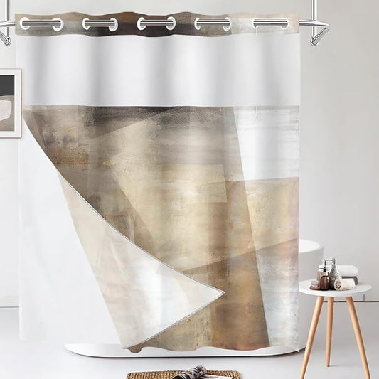 Shrahala Brown Abstract Art No Hooks Shower Curtain with Snap in Liner Set, Beige Painting Bathroom Décor Polyester Fiber Waterproof for Stall Bathtubs 71 X 86 in