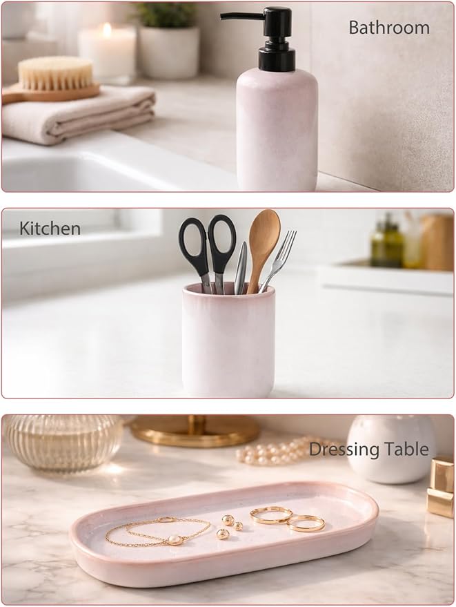 Ceramic Bathroom Accessories Set, Light Pink Glossy Soap Dispenser 15.5oz & Toothbrush Holder 10.6oz with Tray, Modern Countertop Set for Bathroom, Vanity, Kitchen Sink