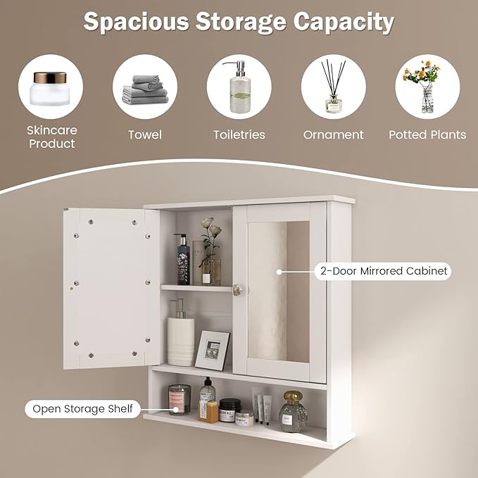 COSTWAY Bathroom Cabinet Wall Mount, Wooden Medicine Cabinet with 2 Mirror Doors, Adjustable Shelf, Open Compartment, for Laundry, Living Room, Kitchen, White