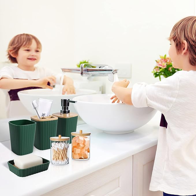 XLHOMO Dark Green Bathroom Accessories Set, 9-Piece Green Bathroom Set with Trash Can, Tray, Soap Dispenser, Toothbrush Holder, Toothbrush Cup, Soap Dish, Toilet Brush and Q-tip Holders