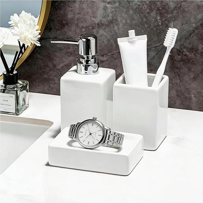 White Bathroom Accessory Set 3 Pcs,Ceramic Soap Dispenser and Toothbrush Holder Cup Soap Dish,Modern Countertop Bath Decor Set for Stylish Bathroom Organization