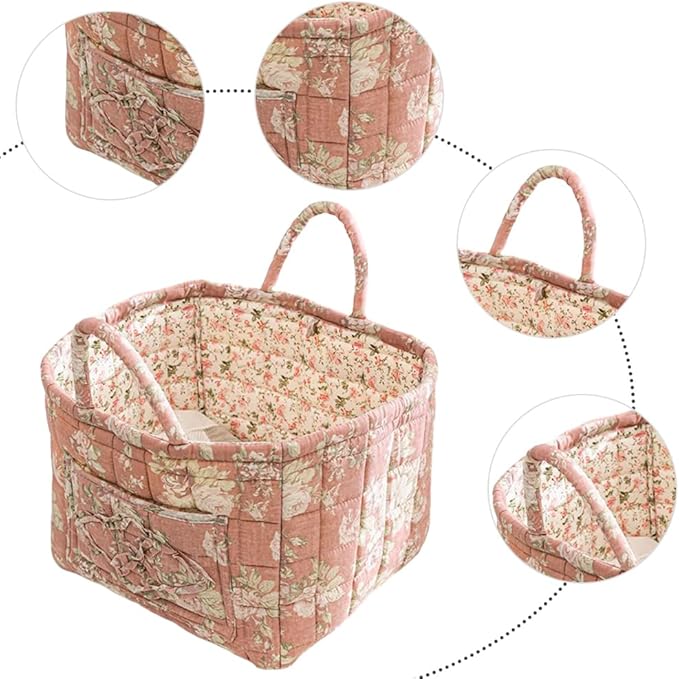 Quilted Fabric Storage Basket Boho Floral Laundry Hamper with Handle Foldable Floral Basket Organizer for Car Bedroom