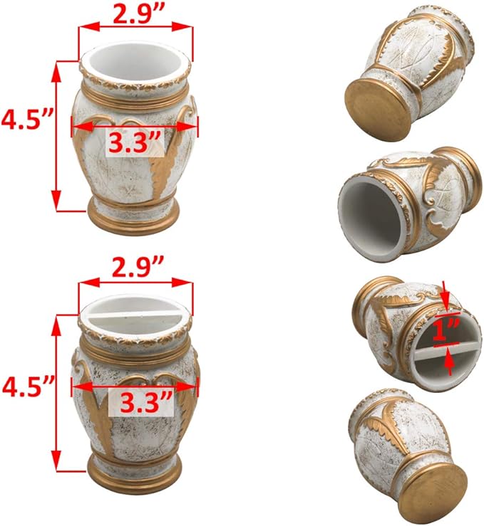 LUANT 4 Pieces Bathroom Accessory Set Including Tumbler, Toothbrush Holder, Soap Dish and Soap Dispenser, White with Gold