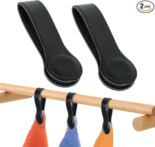 Leather Magnetic Kitchen and Bathroom Towel Clips for Oven Handle, Towel Rods or Racks (2 PCS, Black)