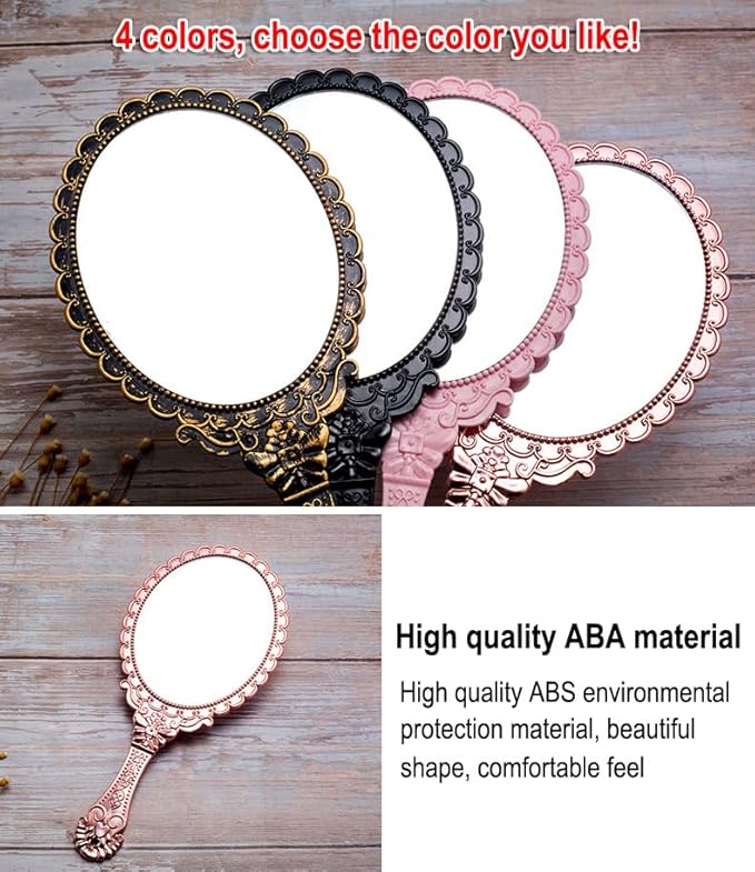AKOAK Vintage Handheld Makeup Mirror, Exquisite Embossed Decorative Handle Makeup Mirror Portable Travel Mirror for Girls and Ladies (Oval, Black)