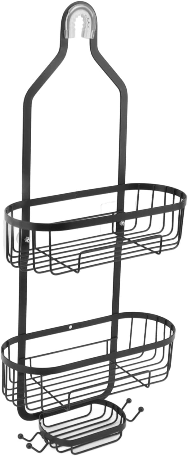Metal Iron Wall Mounted Bathroom Basket, 2 Layer Punch Free Bathroom Shelves, Rust Storage Basket for Tile and Glass Surfaces, Easy Install Toilet Accessories for Bathroom (Black)