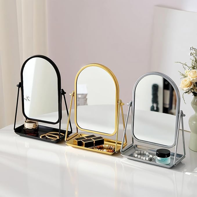 Desk Table Mirror Arch Makeup Vanity Mirror 360°Adjustable Rotation Golden Metal Framed Standing Mirrors with Tray Desktop Cosmetic Mirror for Living Room,Bedroom,Tabletop,Bathroom
