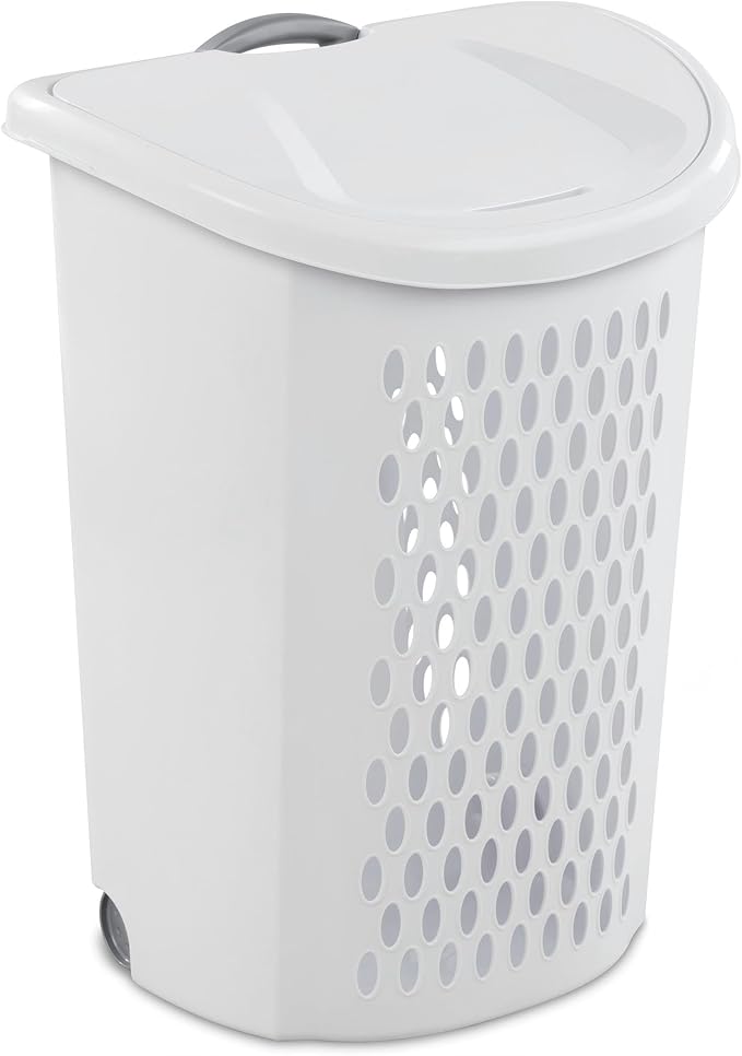 （1Pack)2-Bushel Plastic Laundry Basket on Wheels, Rolling Laundry Hamper with Wheels and Lid, Heavy-Duty Wheeled Hamper with Retractable Handle for Apartment & Dorm Room, White