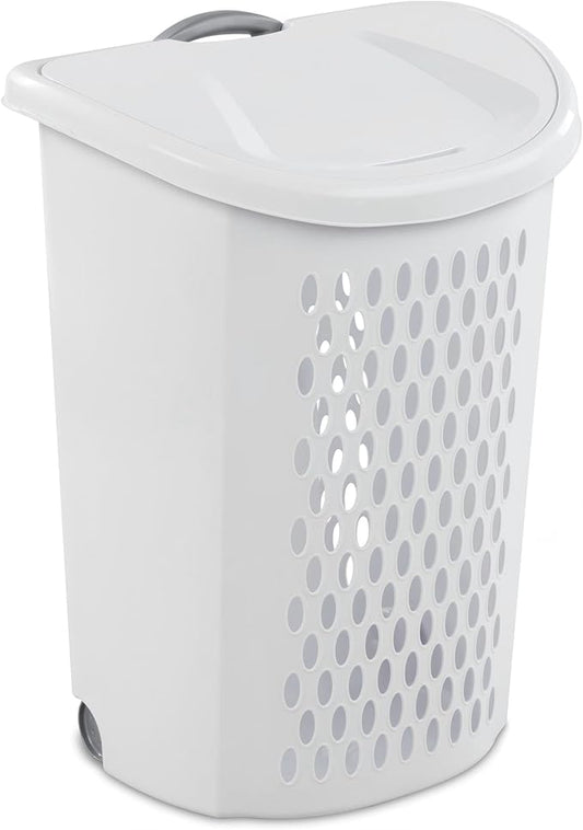 （1Pack)2-Bushel Plastic Laundry Basket on Wheels, Rolling Laundry Hamper with Wheels and Lid, Heavy-Duty Wheeled Hamper with Retractable Handle for Apartment & Dorm Room, White