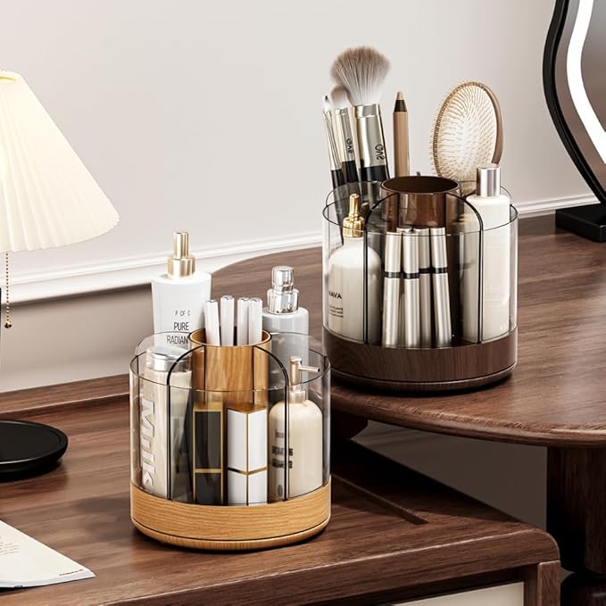 Makeup Brush Holder 360° Rotating 6 Slot Multi-Compartment Storage, Acrylic Spinning Organizer for Cosmetics Nail Polish Combs, Bathroom Vanity Desktop Organizer (Dark Woodgrain)