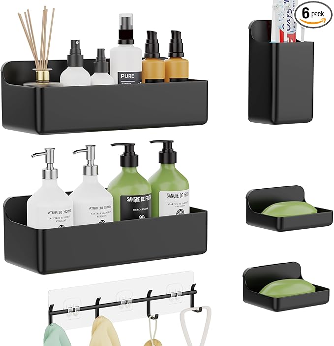 Adhesive Shower Caddy 6 Pack Rustproof Shower Shelves for Inside Shower No Drilling Bathroom Organizers and Storage & Home Décor & Kitchen Large Rack with Soap Holder Clear (black)