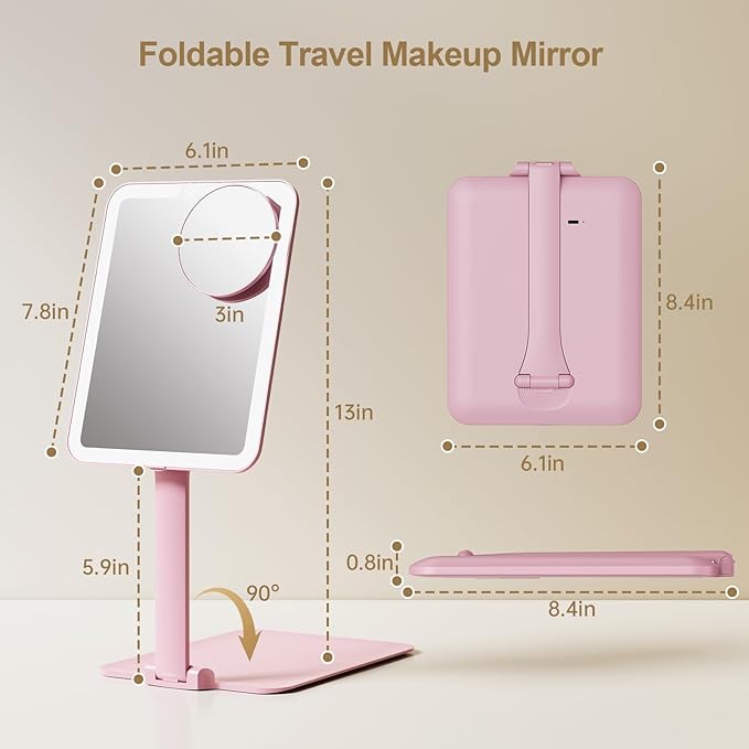 Benbilry Travel Makeup Mirror with Light, 15X Magnifying Mirror & 3 Color Modes, 1800mAh Rechargeable, Adjustable Height/Angle Stand, Foldable LED Vanity Mirror for Tabletop (Pink)