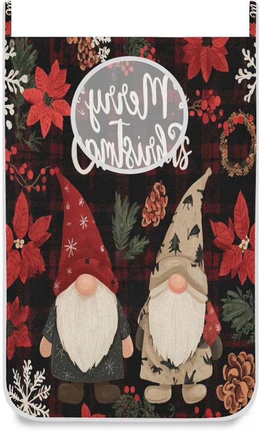 Checkered Christmas Floral Gnomes Hanging Laundry Hamper Door Hampers Bag Basket with Stainless Steel Hooks Oxford Fabric Printing Decorative Clothes Bags 29.5X20inch 1Pack
