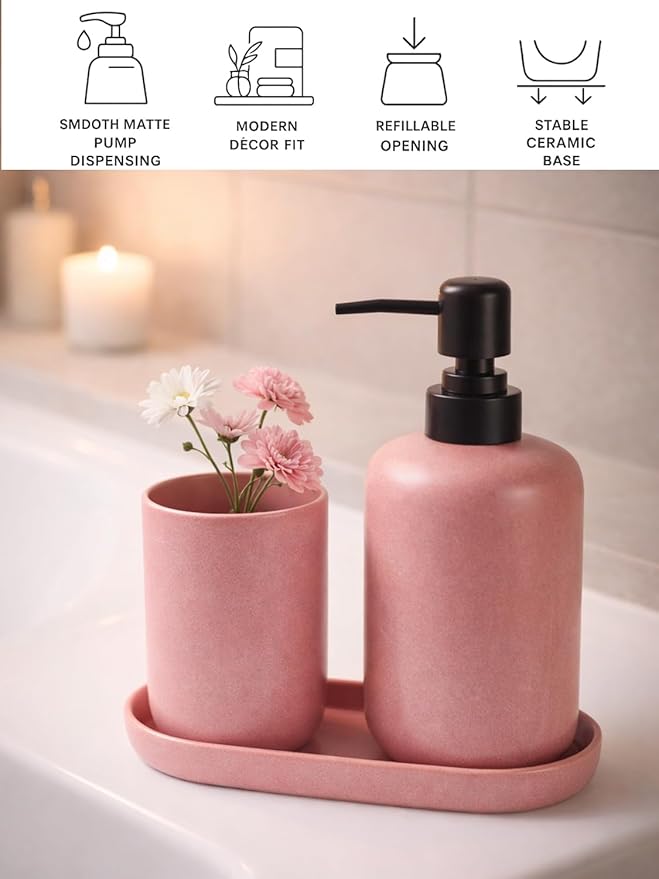 Ceramic Bathroom Accessories Set, Matte Red Soap Dispenser 15.5oz & Toothbrush Holder 10.6oz with Tray, Modern Countertop Set for Bathroom, Vanity, Kitchen Sink