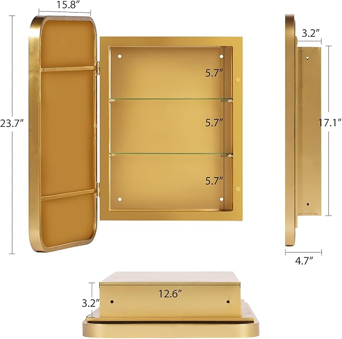 DlandHome Bathroom Medicine Cabinet with Mirror, 24”x16” Recessed Medicine Cabinet for Bathroom with Beveled Edge Mirror, Wall Mounted Deep Set Alumiunm Frame,Golden
