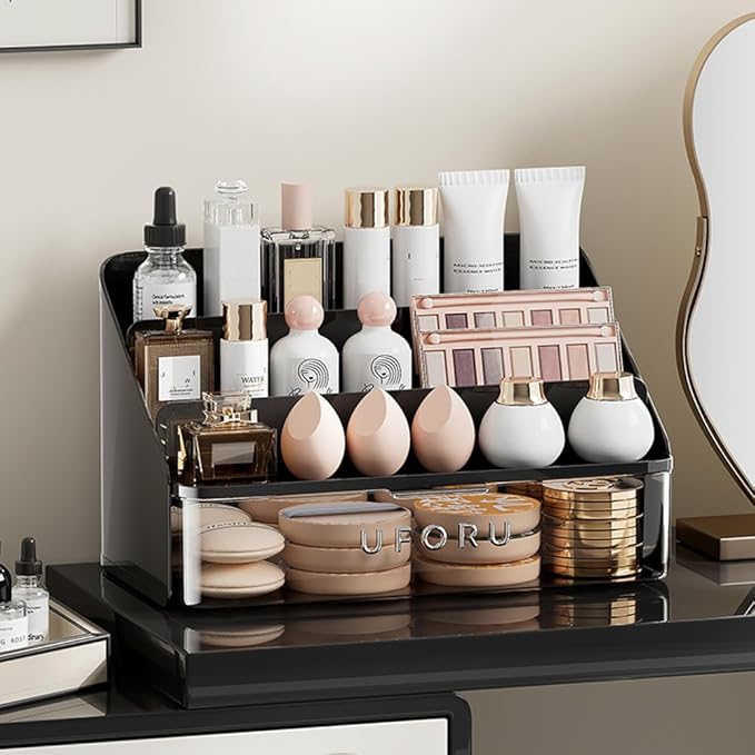 Cologne Holder with Clear Drawer - 3-Tier Black Fragrance Display Stand for Men, Cosmetic Storage Rack, Space-Saving Perfume Organizer for Bathroom Counter & Dresser/Vanity