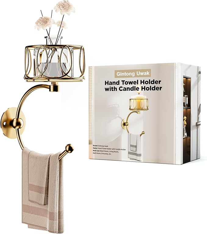 Hand Towel Holder for Bathroom Wall, Towel Hook with Candle Holder for Bathroom Decor, Wall Mounted Towel Hook with Cut Candle Holder, Vintage Towel Ring Towel Racks for Bathroom Decor and Accessories
