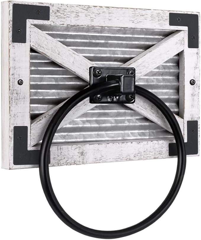 Autumn Alley Farmhouse White Hand Towel Holder Ring with Bracket - Rustic Hand Towel Holder - Towel Rings for Bathroom Wall Mounted Decor Mix of Wood, Galvanized Metal & Black Rings, White