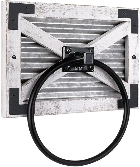 Autumn Alley Farmhouse White Hand Towel Holder Ring with Bracket - Rustic Hand Towel Holder - Towel Rings for Bathroom Wall Mounted Decor Mix of Wood, Galvanized Metal & Black Rings, White