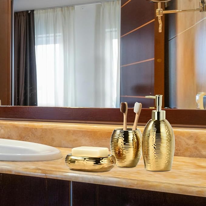 Gold Bathroom Accessory Set - 3 Piece Striped Style Decorative Ceramic Bathroom Accessories Sets with Lotion Soap Dispenser, Toothbrush Holder/Tumbler and Soap Dish, Golden Gift Set for New Home Decor