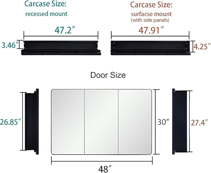 IDYLLOR Bathroom Mirror Medicine Cabinet with Round Corner Framed Door 48 x 30 inch, Black，Recessed or Surface Mount, with Adjustable Glass Shelves