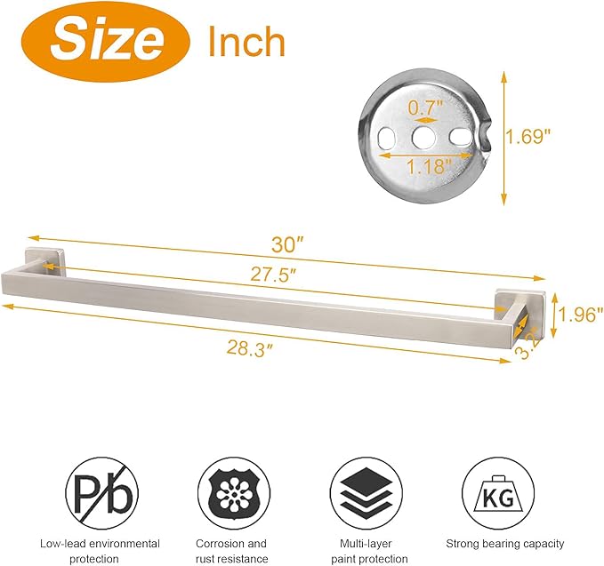 TocTen Bath Towel Rack - Square Base Thicken SUS304 Stainless Steel Towel Bar for Bathroom, Bathroom Accessories Towel Rod Heavy Duty Wall Mounted Towel Holder. (Brushed Nickel, 30)