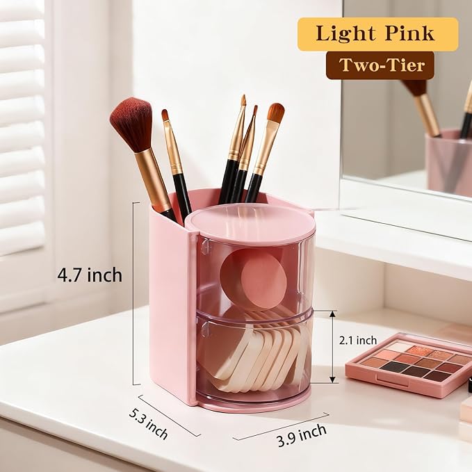 2-Layer (pink) Clear Hair Accessories Organizer,with Hair Brushes Holder Rotatable Small Jewelry Box for Hair Clip, Earring Necklaces, Makeup Brush, Hair Accessories.