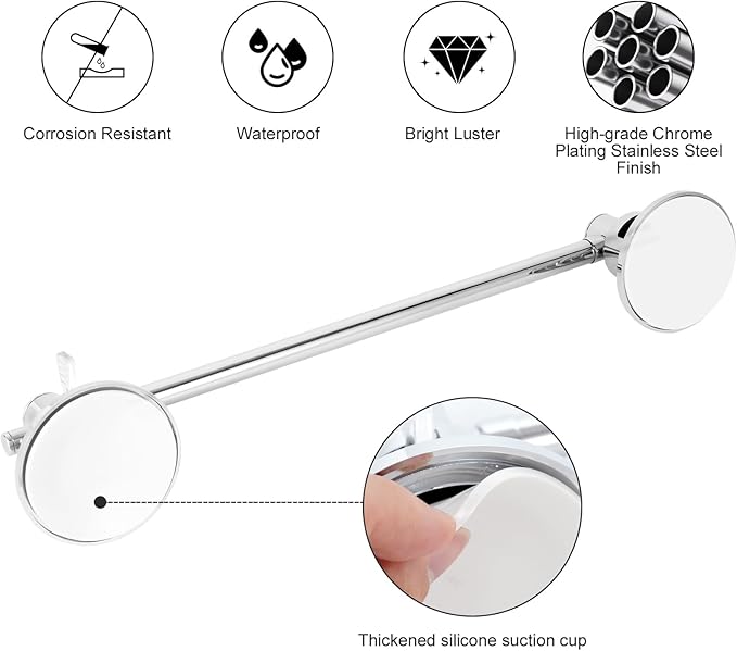 Suction Cup Towel Bar for Shower, 15.75''-25.6'' Adjustable Stainless Steel Towel Holder, Heavy Duty Suction Towel Rack with Powerful Vacuum Adsorption for Bathroom, Kitchen, RV, and Renters
