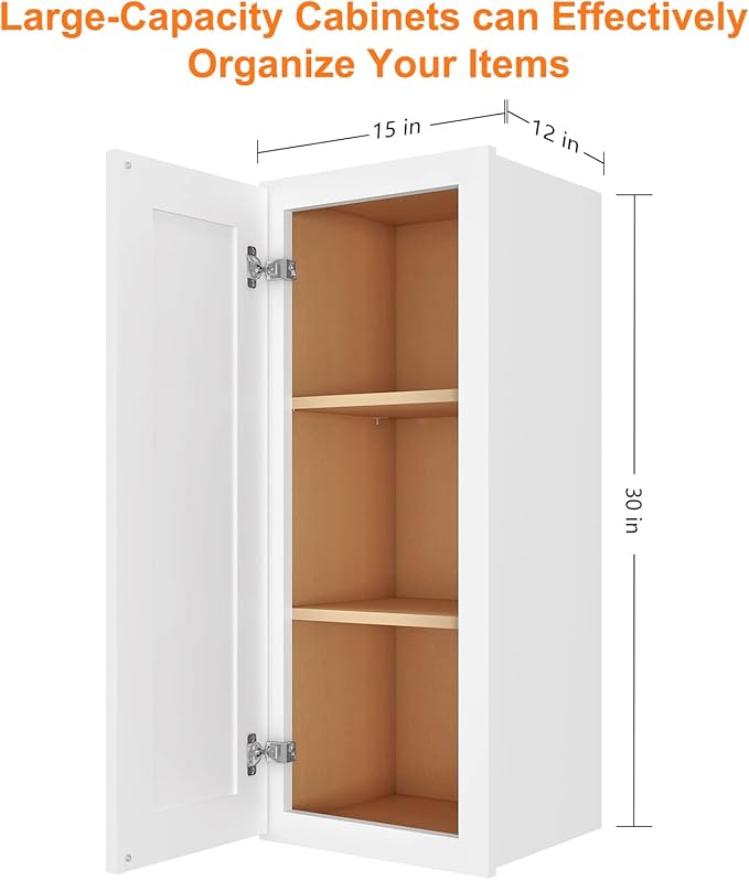 ROOMTEC Wood Wall Cabinet,RTA Single Door Medicine Cabinet with Adjustable Shelves and Soft-Close Door for Kitchen, Bathroom, and Laundry. 12" D*15" W*30" H, Traditional White