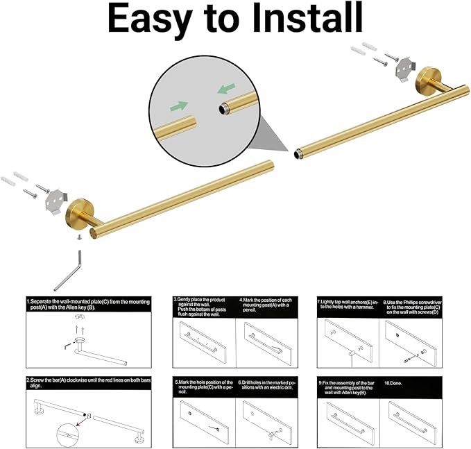 Brushed Gold Towel Bar, 18 Inch Towel Rack for Bathroom Wall-Mounted, SUS304 Stainless Steel, Total Length 20 Inch