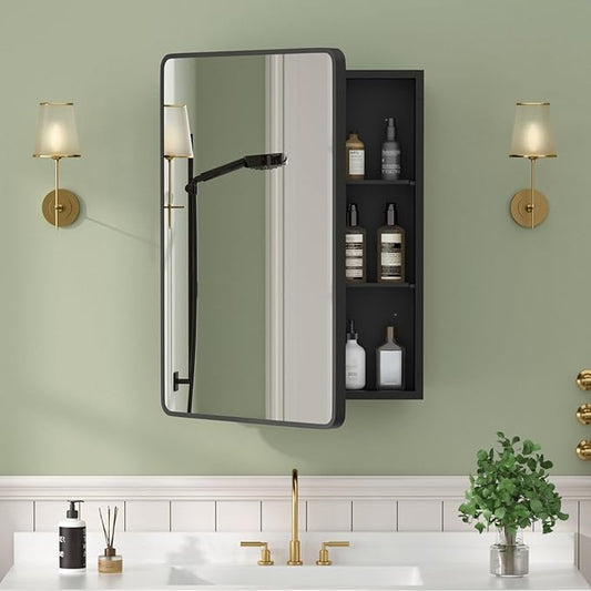 20×28 Black Medicine Cabinet with Mirror, Bathroom Medicine Cabinet with Mirror for Vanity Wall Mounted & Recessed with Cosmetics Storage Rack, 2 Stable and Removable Shelves, Easy Installation