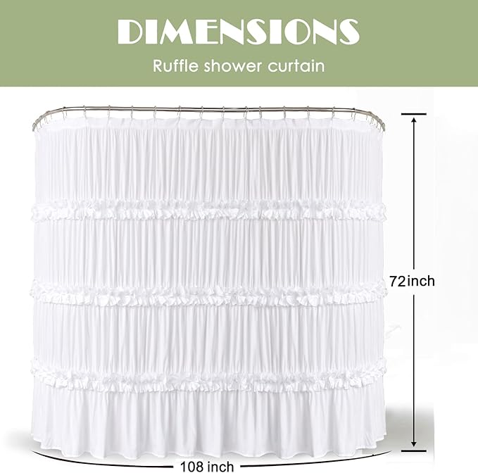 Extra Wide Shower Curtain 108" W x 72" L, Vintage Handcrafted Bow Tie Bath Curtain for Bathroom and Clawfoot Tub, Victorian Ruffle Bathroom Curtain with 18 Buttonholes, White (LQ-10)