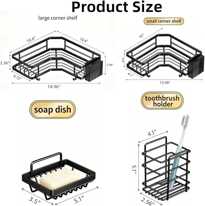 5-Pack Adhesive Shower Caddy - Rustproof Stainless Steel Bath Organizer, No-Drill Installation & Large Capacity | With Soap Dish & Toothbrush Holder, Multi-Functional Storage for Bathroom & Home Decor