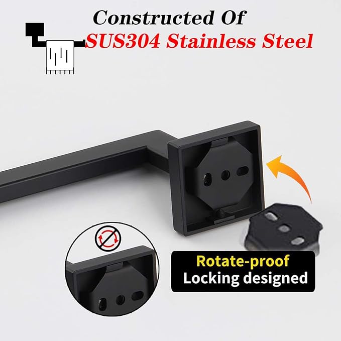GERZWY Modern Black Towel Holder SUS304 Stainless Steel Towel Hanger Towel Ring for Bathroom Lavatory Wall Mount Contemporary Style IG1806-BK