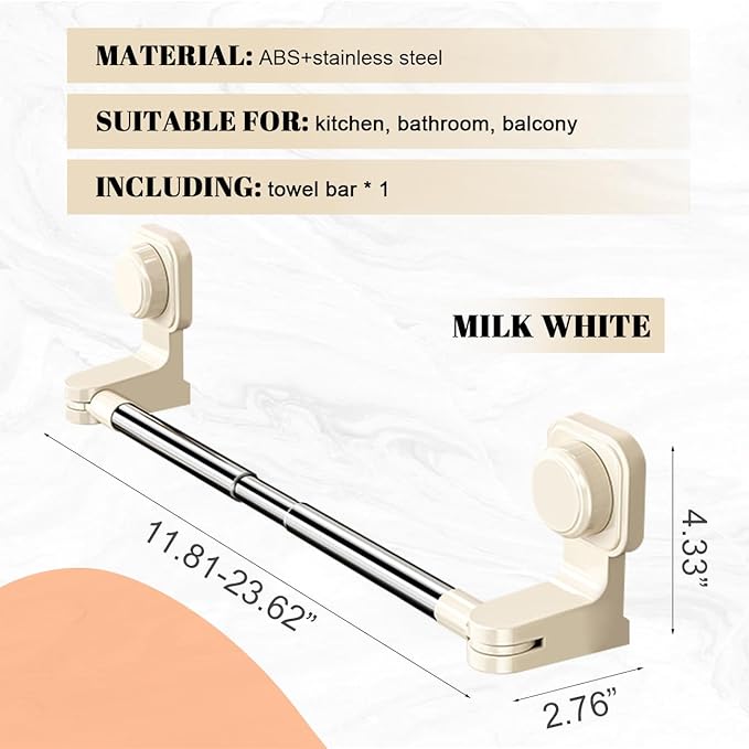 Extendable Suction Cup Towel Bar 12-24inch Removable Towels Holder for Shower Stainless Steel Single Rack No Drill Wall Mounted Clothes Hanger Rod for Bathroom Kitchen White