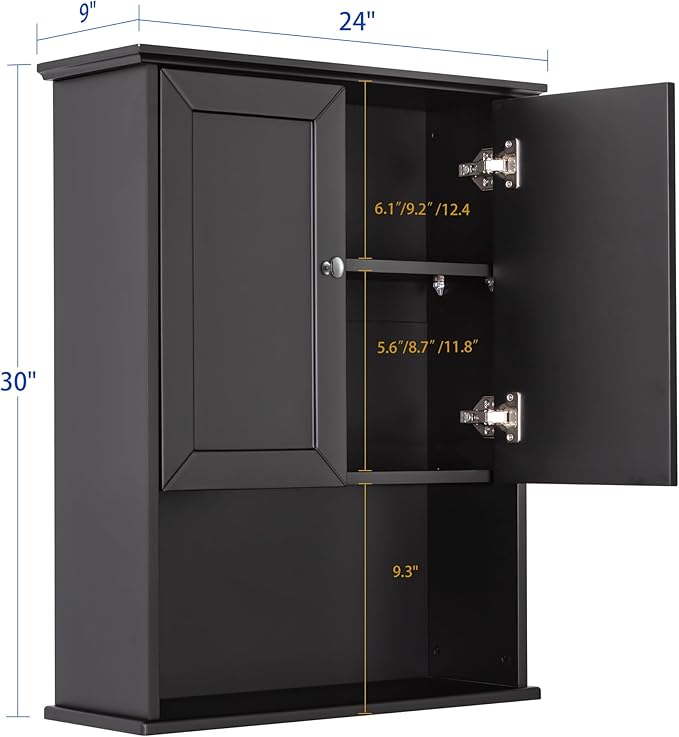 VANIRROR Black Wall Cabinet 24x30 Inch Wooden Over The Toilet Storage Cabinets with 2 Doors, Above Toilet Storage Medicine Cabinets for Bathroom Laundry Room Bedroom Kitchen