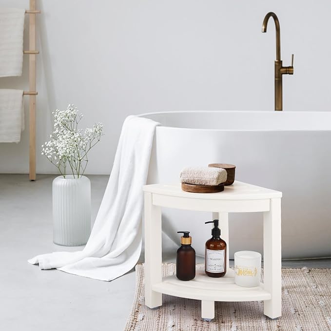 Apolimi HDPE Corner Shower Stool,Shower Bench Seat with Storage Shelf for Shaving Legs Plastic Spa Bath Step Foot Rest for Bathroom Small Place (White)