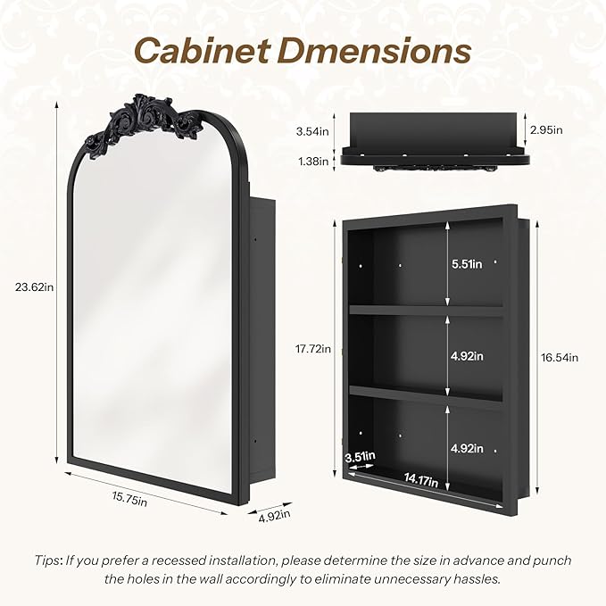 16x24 Inch Bathroom Medicine Cabinet with Mirror, Recessed or Surface Mount, Sturdy, Durable & Easy Installation, Vintage Metal Frame(Black)